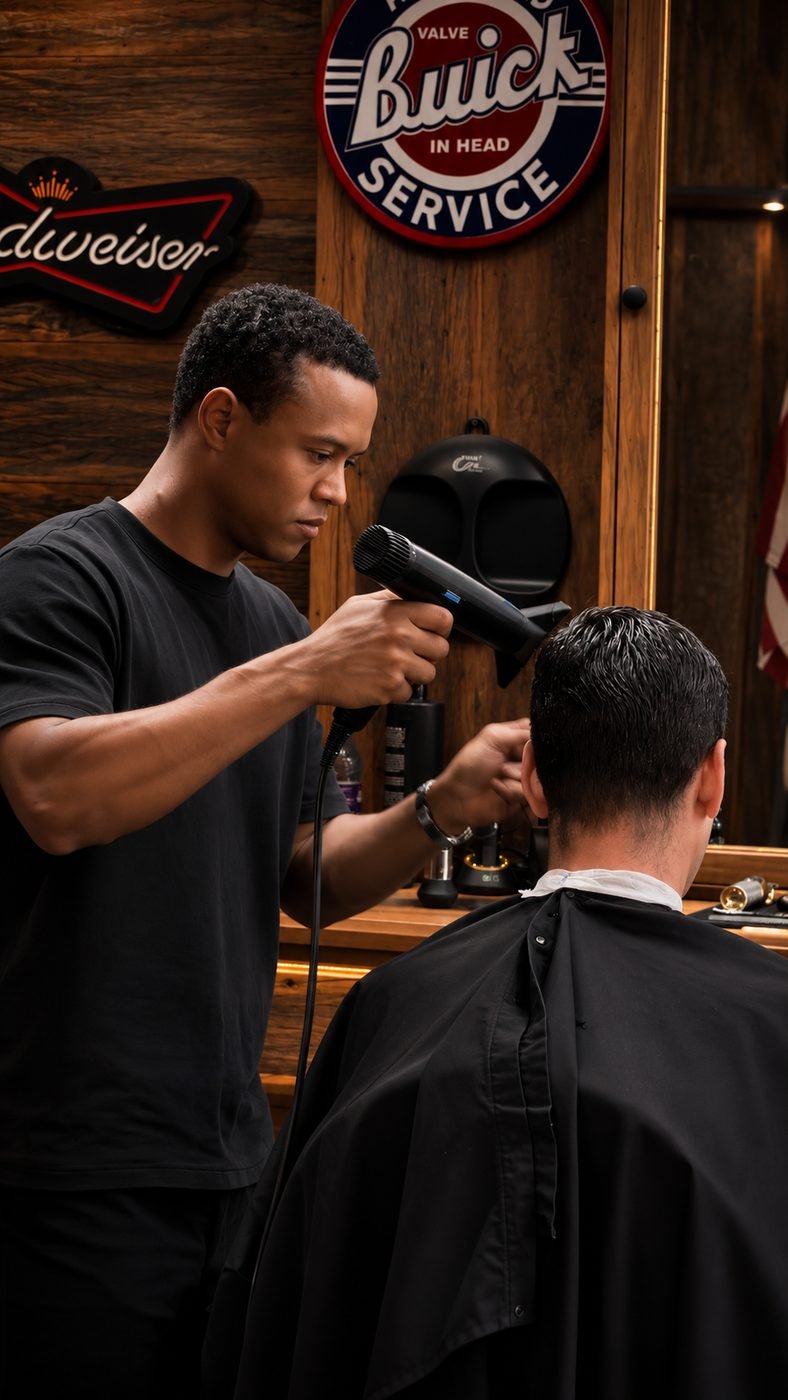 Barbeiro finalizando o corte com secador na The Barber Pub